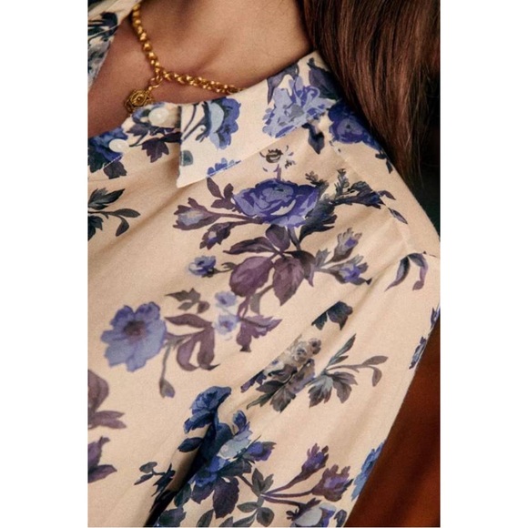 SEZANE Blue & White Floral Printed Lightweight Silk Button Down Pierro Shirt - Picture 8 of 15